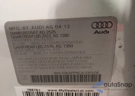 2012 Audi Q5 3.2 Premium Plus z USA, uszkodzony, nr VIN WA1DKAFP9CA105506